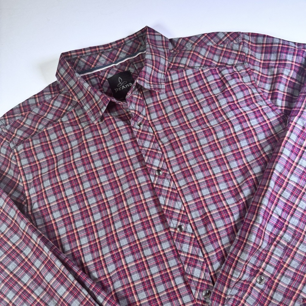 PrAna Plaid Button Down Shirt Mens Lg Purple Grey Long Sleeve Snap Front Outdoor